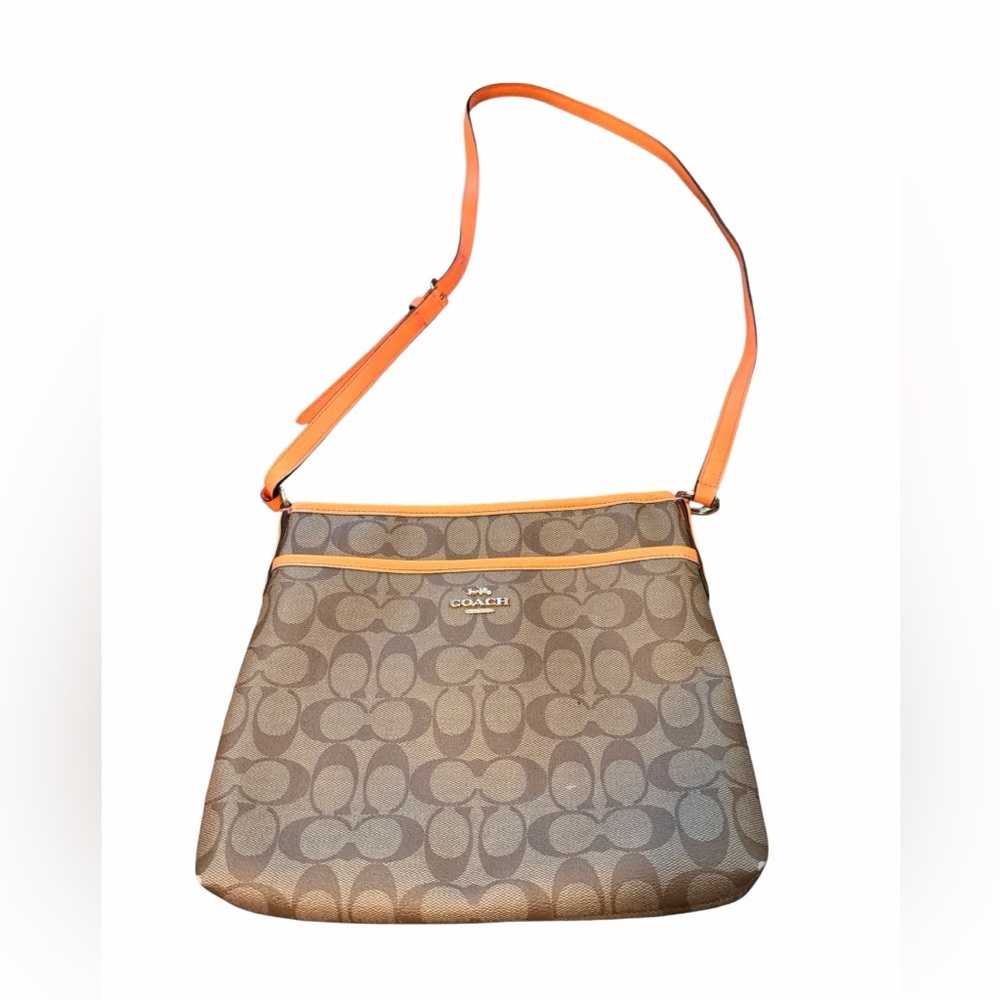 Coach Brown Signature Crossbody with Orange Trim